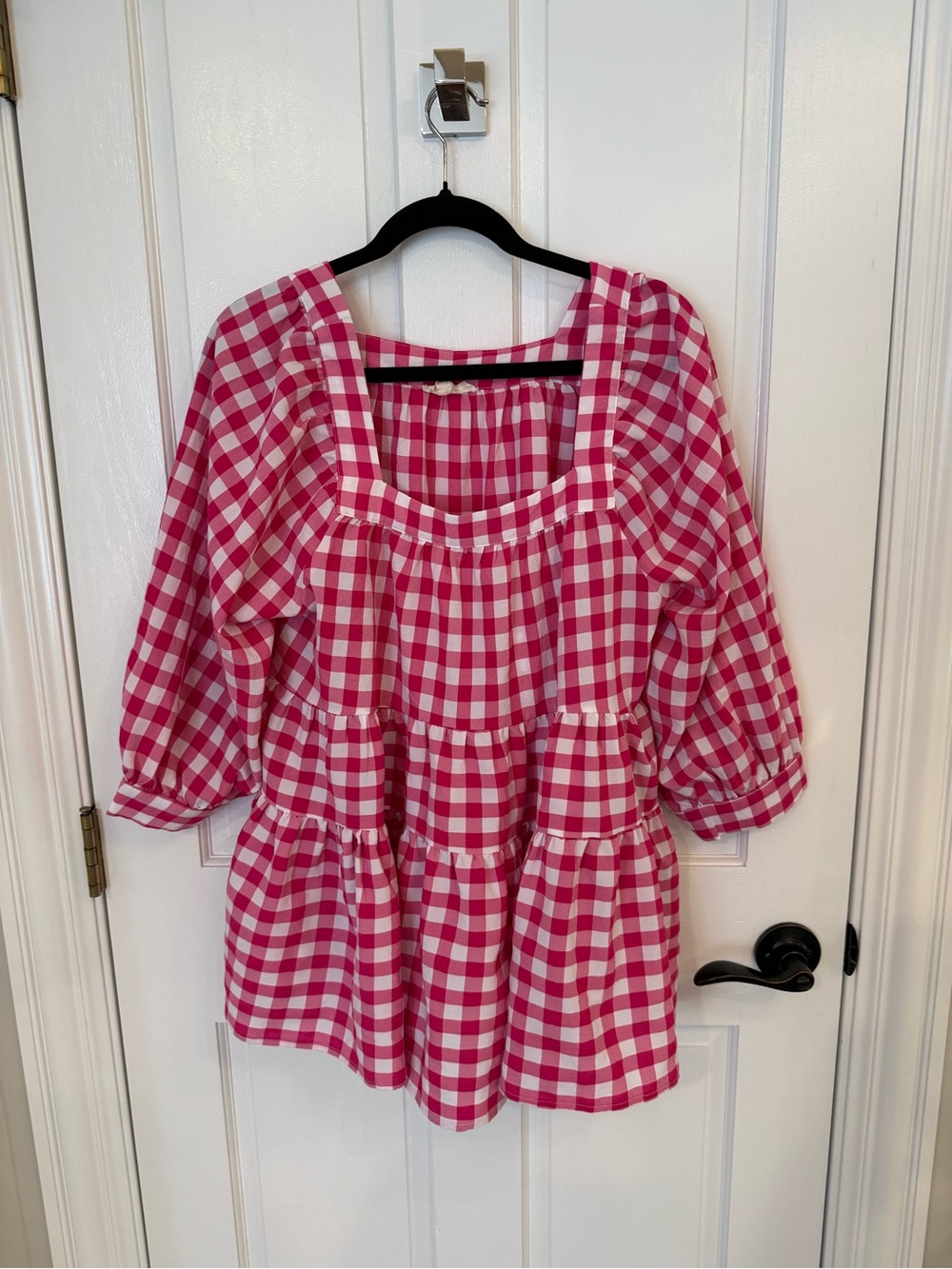 Entro Pink Gingham Tiered Peasant Top